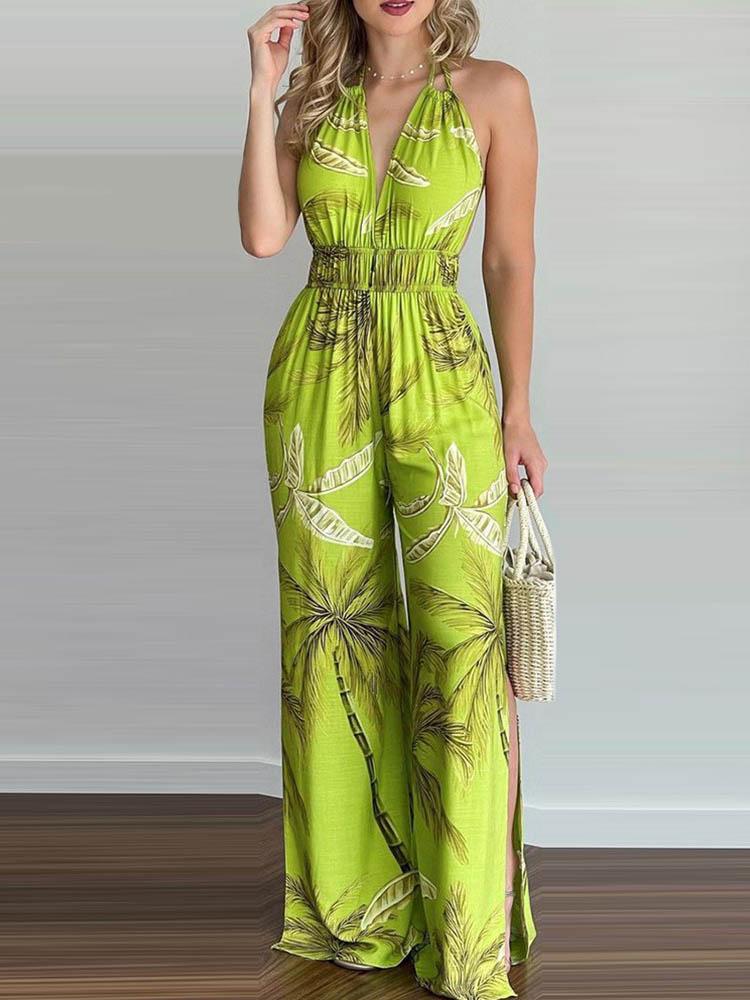 Tropical Print Halter V Neck Jumpsuit - Jumpsuits & Rompers - MsDressly | Online Fashion Free Shipping Clothing, Dresses, Tops, Shoes - 29/04/ - Color_Green - Color_Orange