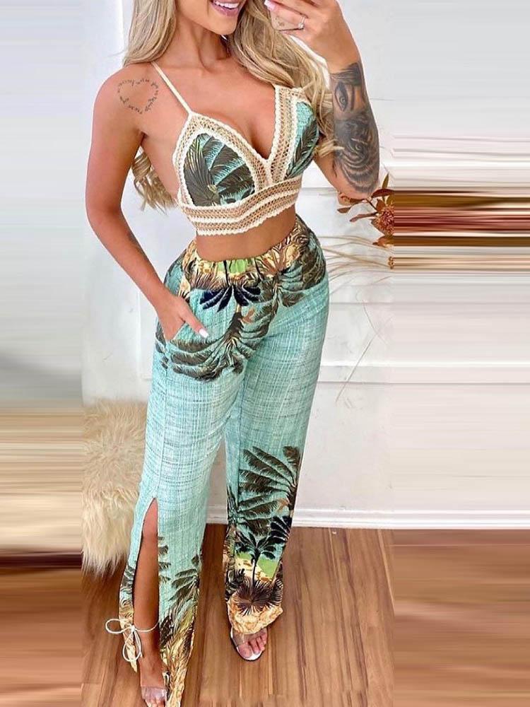 Tropical Print Lace Trim Crop Top & Slit Pants Set - Two-piece Outfits - INS | Online Fashion Free Shipping Clothing, Dresses, Tops, Shoes - 04/05/2021 - Color_Blue - Color_Pink