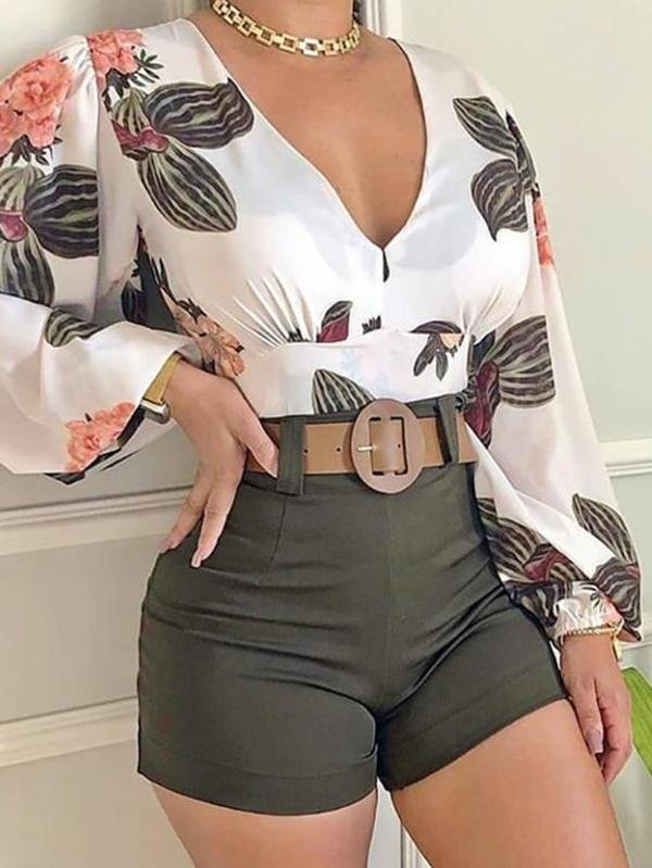 Tropical Print Long Sleeve Top & Shorts Set - Two-piece Outfits - INS | Online Fashion Free Shipping Clothing, Dresses, Tops, Shoes - 22/04/2021 - Color_Army Green - Color_Green