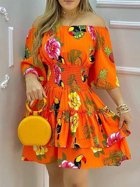 Tropical Print Off Shoulder Casual Dress - Mini Dresses - INS | Online Fashion Free Shipping Clothing, Dresses, Tops, Shoes - 28/04/2021 - Color_Orange - Color_Red