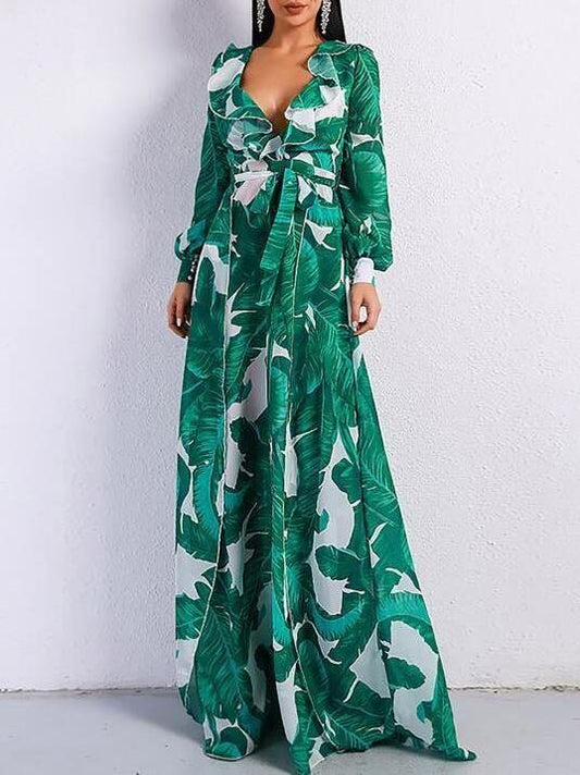 Tropical Print Ruffle Trim Belted Dress - Dresses - INS | Online Fashion Free Shipping Clothing, Dresses, Tops, Shoes - 01/27/2021 - chiffon-dress - Color_Green