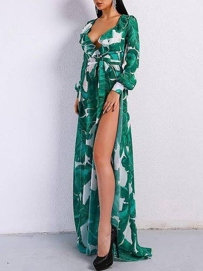 Tropical Print Ruffle Trim Belted Dress - Dresses - INS | Online Fashion Free Shipping Clothing, Dresses, Tops, Shoes - 01/27/2021 - chiffon-dress - Color_Green