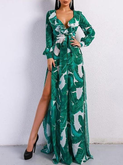 Tropical Print Ruffle Trim Belted Dress - Dresses - INS | Online Fashion Free Shipping Clothing, Dresses, Tops, Shoes - 01/27/2021 - chiffon-dress - Color_Green