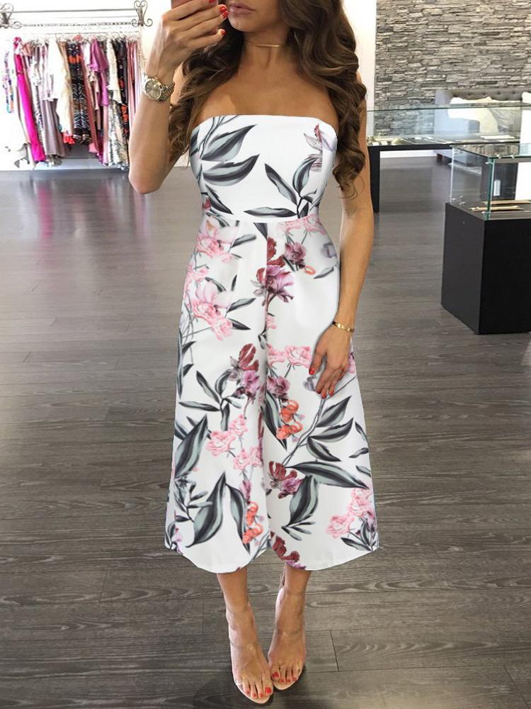Tropical Print Tube Top Wide-leg Jumpsuit - Jumpsuits - INS | Online Fashion Free Shipping Clothing, Dresses, Tops, Shoes - 19/04/2021 - Category_Jumpsuits - Color_Blue