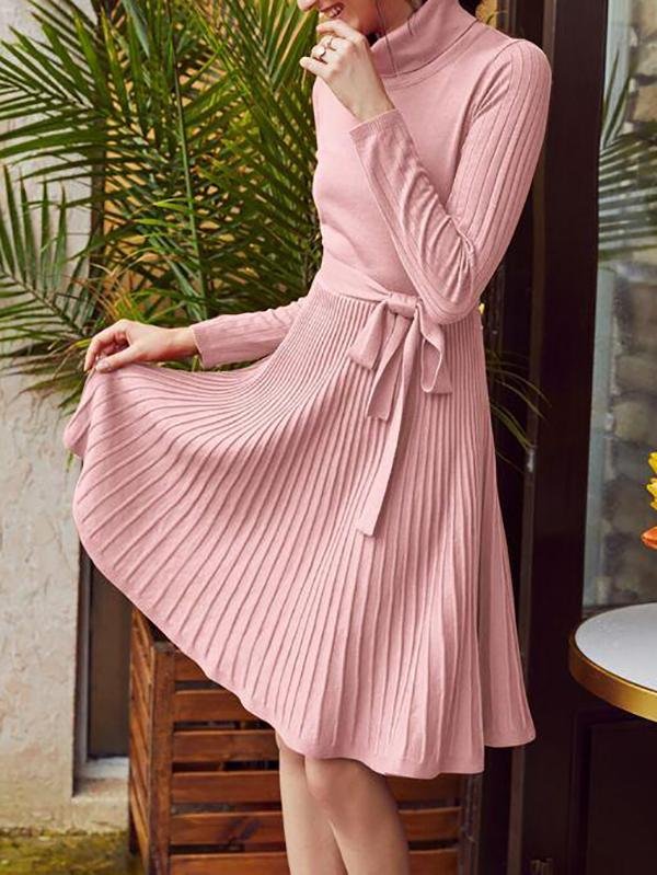Turtle Neck Belted Ribbed Knit Sweater Dress - Dresses - INS | Online Fashion Free Shipping Clothing, Dresses, Tops, Shoes - 02/02/2021 - Autumn - Casual Dresses