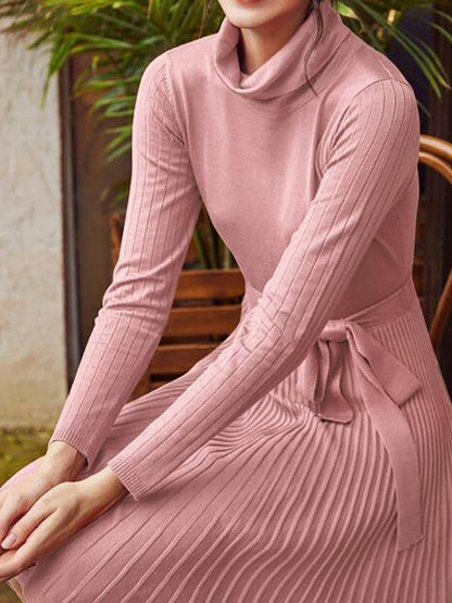 Turtle Neck Belted Ribbed Knit Sweater Dress - Dresses - INS | Online Fashion Free Shipping Clothing, Dresses, Tops, Shoes - 02/02/2021 - Autumn - Casual Dresses