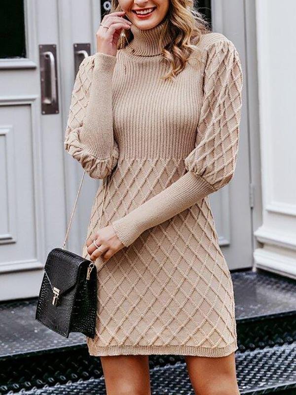 Turtle Neck Gigot Sleeve Bodycon Sweater Dress - Dresses - INS | Online Fashion Free Shipping Clothing, Dresses, Tops, Shoes - 02/03/2021 - Autumn - Beige