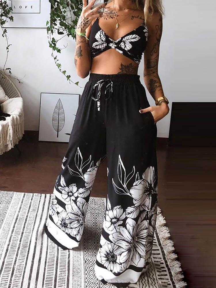 Twisted Front Floral Print Crop Top & Wide Leg Pants Set - Two-piece Outfits - INS | Online Fashion Free Shipping Clothing, Dresses, Tops, Shoes - 04/05/2021 - Color_Black - SET210504057