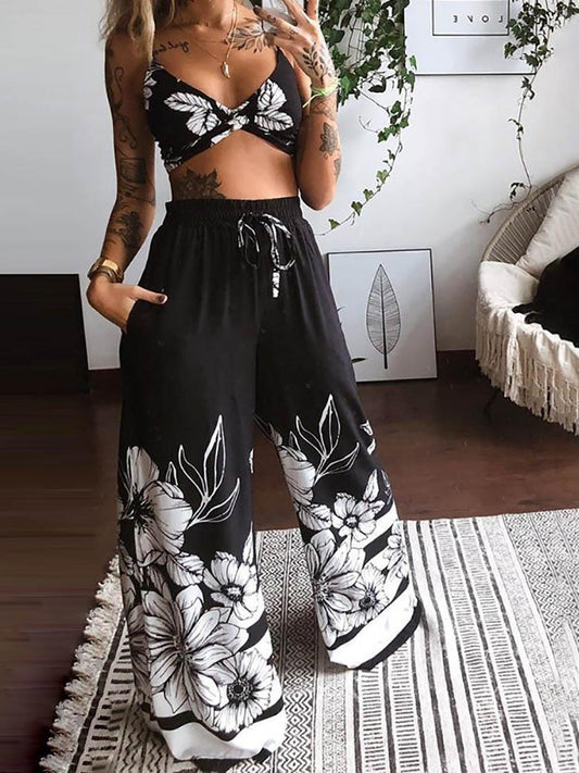 Twisted Front Floral Print Crop Top & Wide Leg Pants Set - Two-piece Outfits - INS | Online Fashion Free Shipping Clothing, Dresses, Tops, Shoes - 04/05/2021 - Color_Black - SET210504057