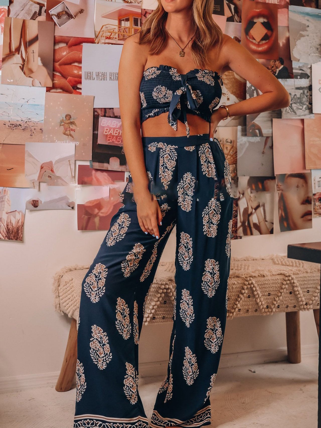 Two-Piece Printed Crop Top And Trousers - Sets - INS | Online Fashion Free Shipping Clothing, Dresses, Tops, Shoes - 20-30 - 26/07/2021 - Bottom