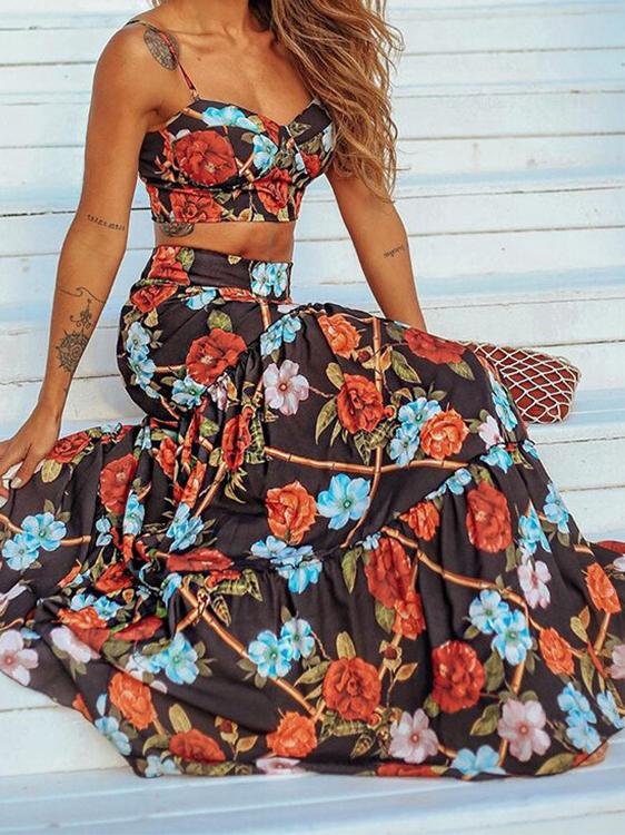 Two-Piece Printed Suspender V-Neck Crop Top & Skirt - Sets - INS | Online Fashion Free Shipping Clothing, Dresses, Tops, Shoes - 18/06/2021 - 30-40 - Category_Sets