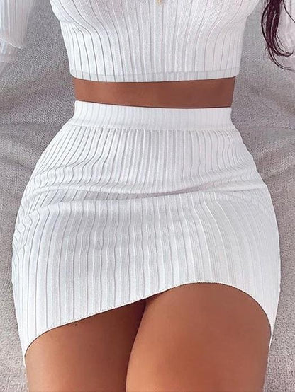 Two Piece V-Neck Off Shoulder Long Sleeve Top & Short Skirt - Sets - INS | Online Fashion Free Shipping Clothing, Dresses, Tops, Shoes - 11/06/2021 - Bottom - Category_Sets