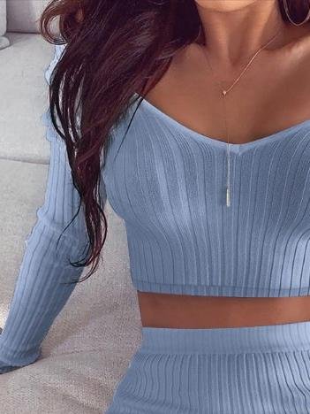 Two Piece V-Neck Off Shoulder Long Sleeve Top & Short Skirt - Sets - INS | Online Fashion Free Shipping Clothing, Dresses, Tops, Shoes - 11/06/2021 - Bottom - Category_Sets