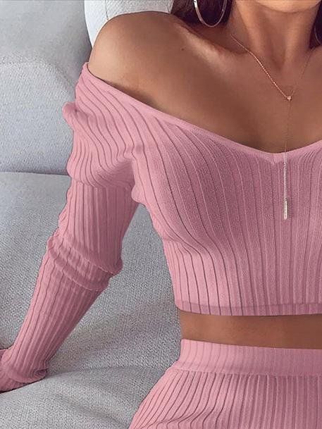 Two Piece V-Neck Off Shoulder Long Sleeve Top & Short Skirt - Sets - INS | Online Fashion Free Shipping Clothing, Dresses, Tops, Shoes - 11/06/2021 - Bottom - Category_Sets