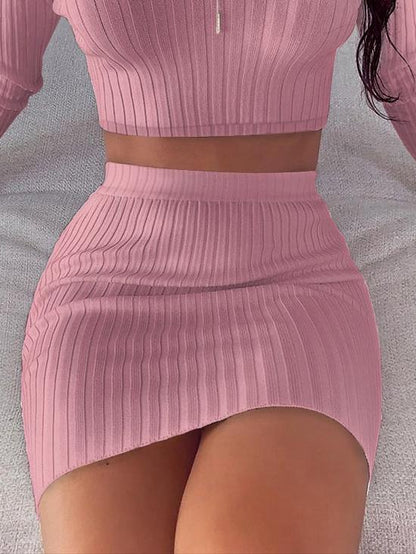 Two Piece V-Neck Off Shoulder Long Sleeve Top & Short Skirt - Sets - INS | Online Fashion Free Shipping Clothing, Dresses, Tops, Shoes - 11/06/2021 - Bottom - Category_Sets