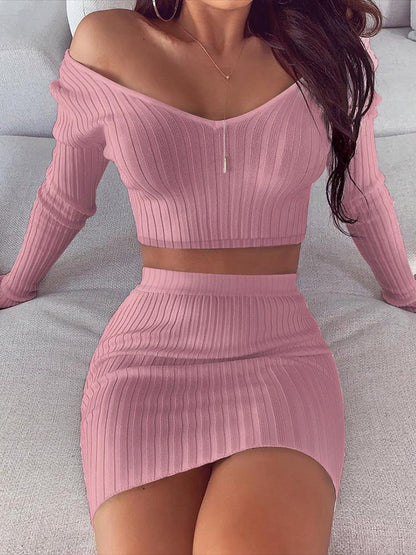 Two Piece V-Neck Off Shoulder Long Sleeve Top & Short Skirt - Sets - INS | Online Fashion Free Shipping Clothing, Dresses, Tops, Shoes - 11/06/2021 - Bottom - Category_Sets