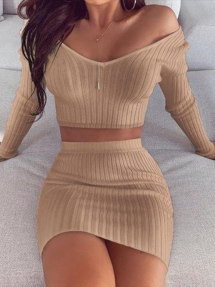 Two Piece V-Neck Off Shoulder Long Sleeve Top & Short Skirt - Sets - INS | Online Fashion Free Shipping Clothing, Dresses, Tops, Shoes - 11/06/2021 - Bottom - Category_Sets