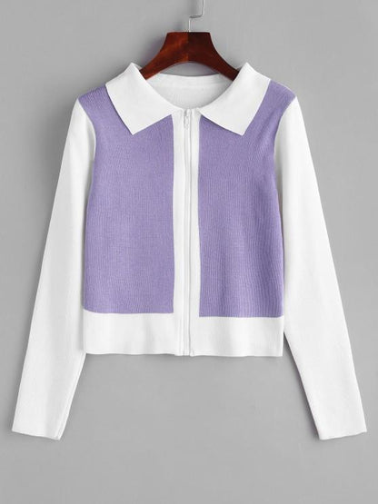 Two Tone Bicolor Zip Up Knit Cardigan - INS | Online Fashion Free Shipping Clothing, Dresses, Tops, Shoes
