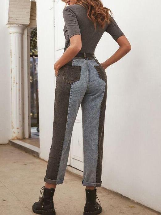 Two Tone Pocket Side Mom Jeans - Denims - INS | Online Fashion Free Shipping Clothing, Dresses, Tops, Shoes - 02/01/2021 - Autumn - Basic