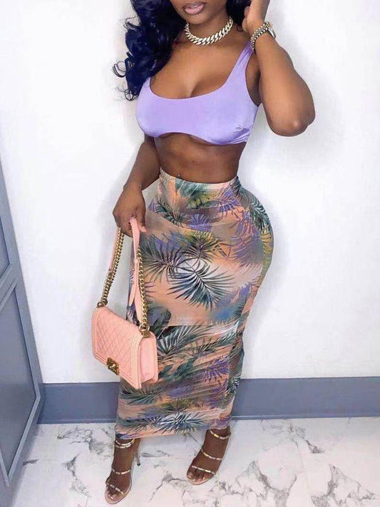 U-notch Tank Top And Ditsy Print Skirt Set - Two-piece Outfits - INS | Online Fashion Free Shipping Clothing, Dresses, Tops, Shoes - 23/04/2021 - Color_Purple - Season_Summer