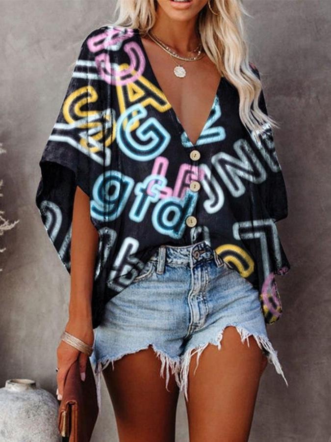 V-neck Bat Sleeve Digital Print Blouse - Blouses - INS | Online Fashion Free Shipping Clothing, Dresses, Tops, Shoes - 09/07/2021 - 20-30 - BLO2107091183