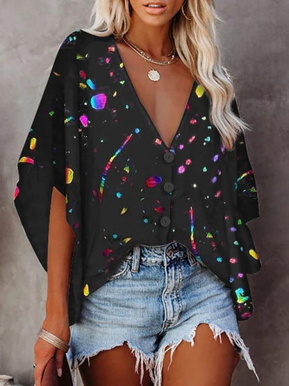 V-neck Bat Sleeve Digital Print Blouse - Blouses - INS | Online Fashion Free Shipping Clothing, Dresses, Tops, Shoes - 09/07/2021 - 20-30 - BLO2107091183