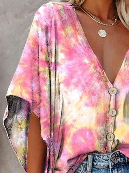 V-neck Bat Sleeve Tie Dye Print Blouse - Blouses - INS | Online Fashion Free Shipping Clothing, Dresses, Tops, Shoes - 13/07/2021 - 20-30 - BLO2107131188