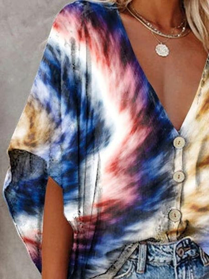 V-neck Bat Sleeve Tie Dye Print Blouse - Blouses - INS | Online Fashion Free Shipping Clothing, Dresses, Tops, Shoes - 13/07/2021 - 20-30 - BLO2107131188