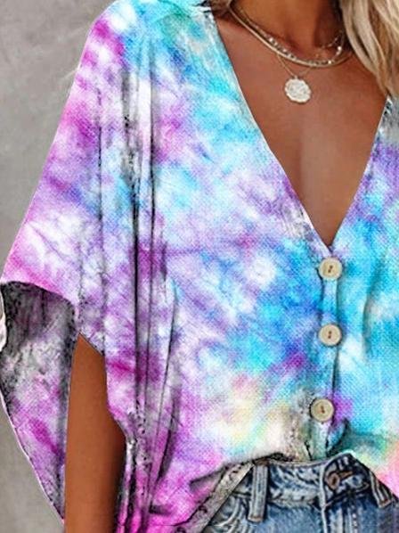 V-neck Bat Sleeve Tie Dye Print Blouse - Blouses - INS | Online Fashion Free Shipping Clothing, Dresses, Tops, Shoes - 13/07/2021 - 20-30 - BLO2107131188