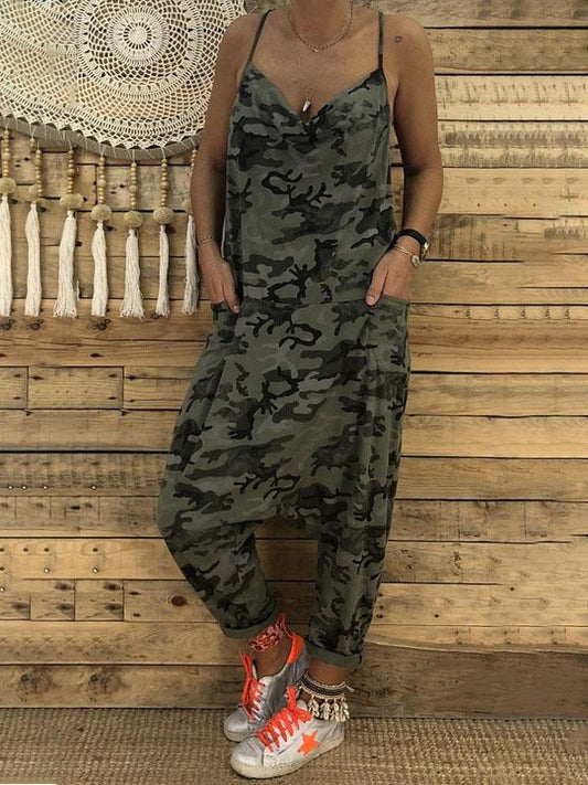 V-neck Camouflage Print Suspender Jumpsuit - Jumpsuit & Rompers - INS | Online Fashion Free Shipping Clothing, Dresses, Tops, Shoes - 08/07/2021 - 20-30 - Bottoms