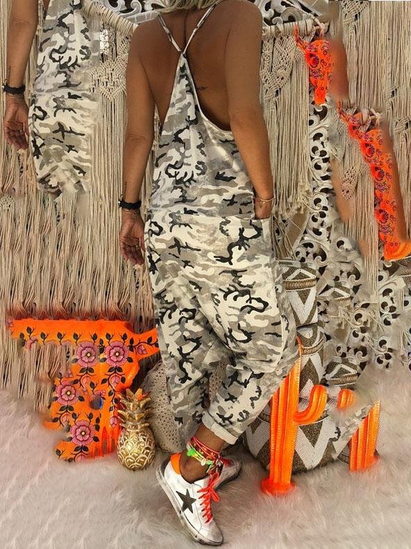 V-neck Camouflage Print Suspender Jumpsuit - Jumpsuit & Rompers - INS | Online Fashion Free Shipping Clothing, Dresses, Tops, Shoes - 08/07/2021 - 20-30 - Bottoms