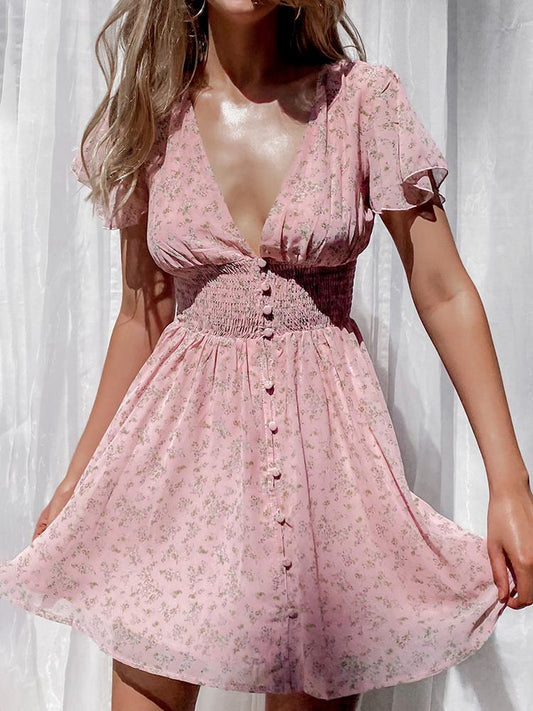 V-neck Chiffon Short Ruffle Sleeve Dress With Button - Mini Dresses - INS | Online Fashion Free Shipping Clothing, Dresses, Tops, Shoes - 04/12/2021 - Colour_Pink - DRE210412750