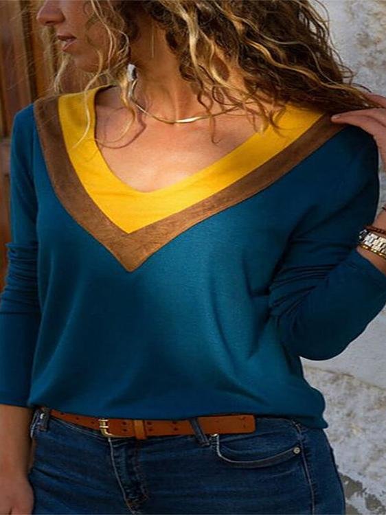 V-neck Color Block Casual T-shirt - T-shirts - INS | Online Fashion Free Shipping Clothing, Dresses, Tops, Shoes - 10-20 - 19/06/2021 - color-blue