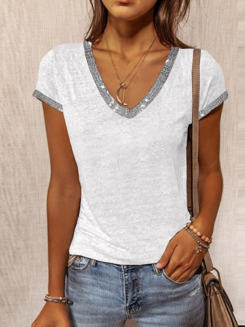 V-Neck Contrast Color Slim Short Sleeve T-Shirt - T-Shirts - INS | Online Fashion Free Shipping Clothing, Dresses, Tops, Shoes - 10-20 - 30/07/2021 - Category_T-Shirts