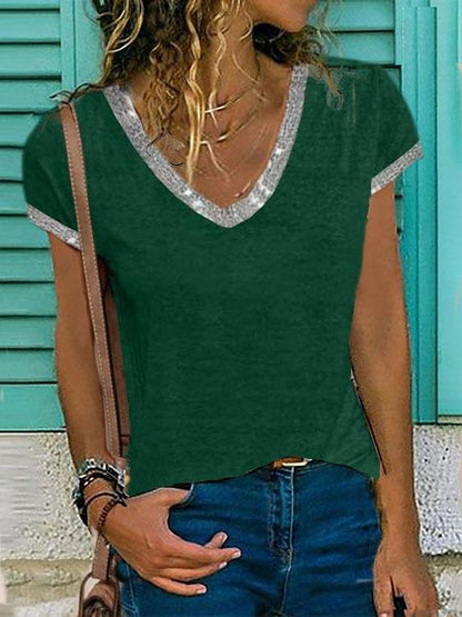 V-neck Contrast Short Sleeve T-shirt - T-Shirts - INS | Online Fashion Free Shipping Clothing, Dresses, Tops, Shoes - 05/06/2021 - Category_T-Shirts - Color_Apricot