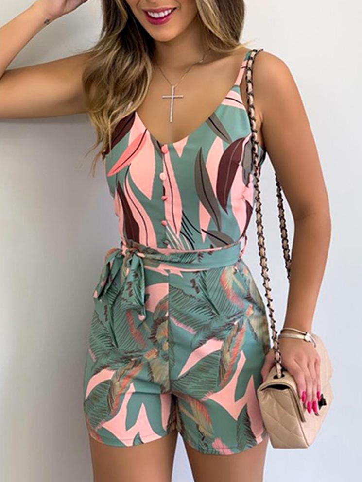 V-neck Fashion Leaf Print Tie Suspender Jumpsuit - Jumpsuits & Rompers - INS | Online Fashion Free Shipping Clothing, Dresses, Tops, Shoes - 15/07/2021 - 20-30 - Bottoms