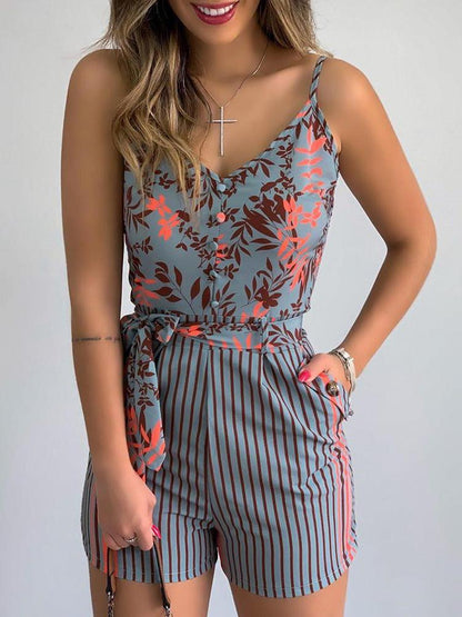 V-neck Fashion Leaf Print Tie Suspender Jumpsuit - Jumpsuits & Rompers - INS | Online Fashion Free Shipping Clothing, Dresses, Tops, Shoes - 15/07/2021 - 20-30 - Bottoms