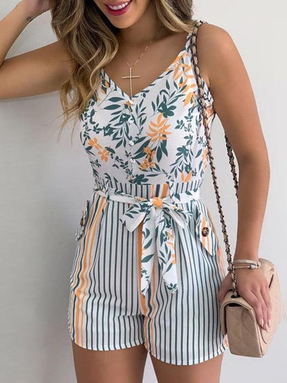 V-neck Fashion Leaf Print Tie Suspender Jumpsuit - Jumpsuits & Rompers - INS | Online Fashion Free Shipping Clothing, Dresses, Tops, Shoes - 15/07/2021 - 20-30 - Bottoms