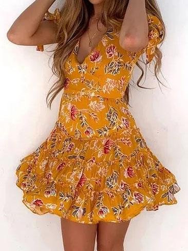 V-Neck Floral Print Short Sleeve Dress - Mini Dresses - INS | Online Fashion Free Shipping Clothing, Dresses, Tops, Shoes - 09/07/2021 - 20-30 - Category_Mini Dresses