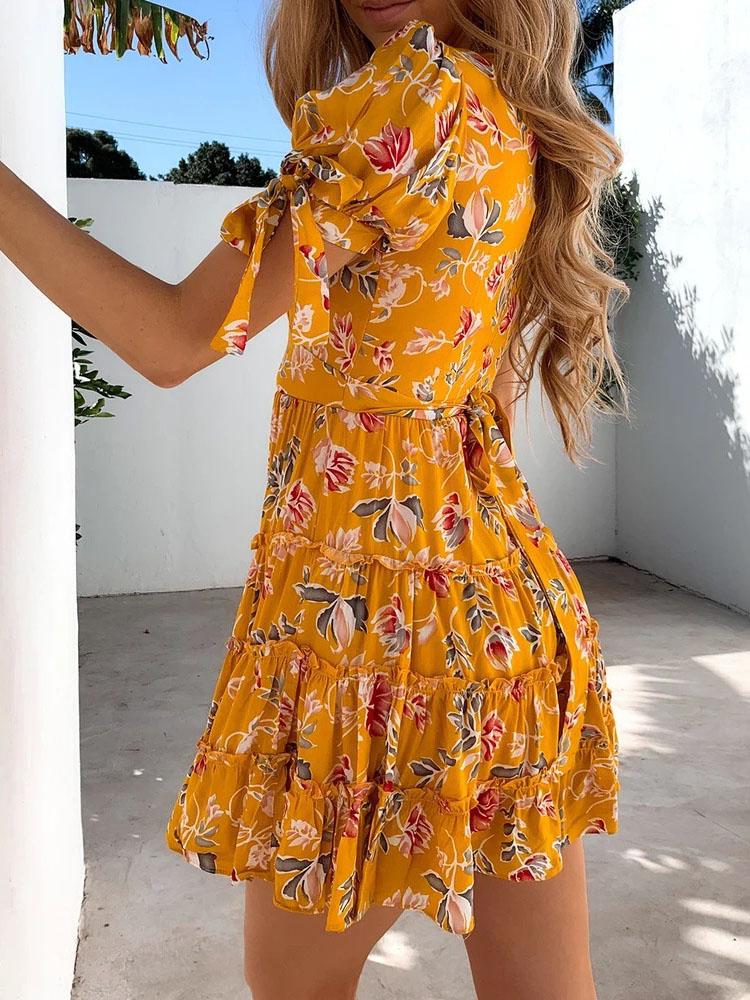 V-Neck Floral Print Short Sleeve Dress - Mini Dresses - INS | Online Fashion Free Shipping Clothing, Dresses, Tops, Shoes - 09/07/2021 - 20-30 - Category_Mini Dresses