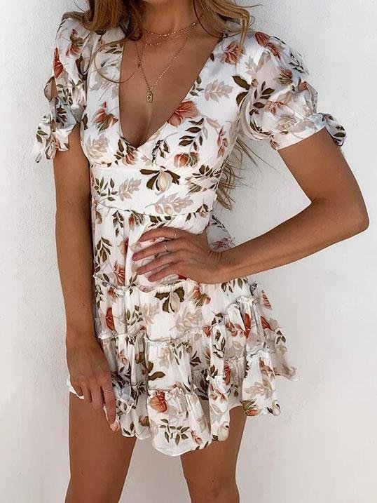 V-Neck Floral Print Short Sleeve Dress - Mini Dresses - INS | Online Fashion Free Shipping Clothing, Dresses, Tops, Shoes - 09/07/2021 - 20-30 - Category_Mini Dresses