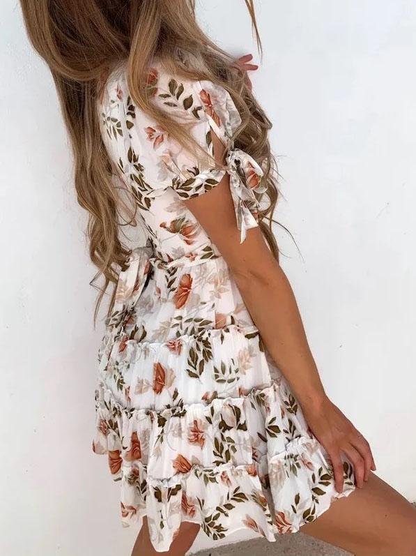 V-Neck Floral Print Short Sleeve Dress - Mini Dresses - INS | Online Fashion Free Shipping Clothing, Dresses, Tops, Shoes - 09/07/2021 - 20-30 - Category_Mini Dresses