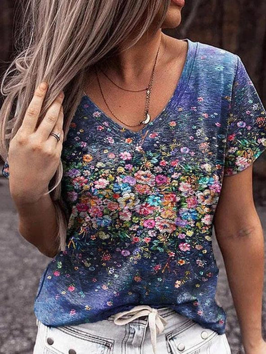 V-neck Floral Print Short-sleeved Casual T-shirt - T-shirts - INS | Online Fashion Free Shipping Clothing, Dresses, Tops, Shoes - 04/06/2021 - Color_Blue - Season_Summer