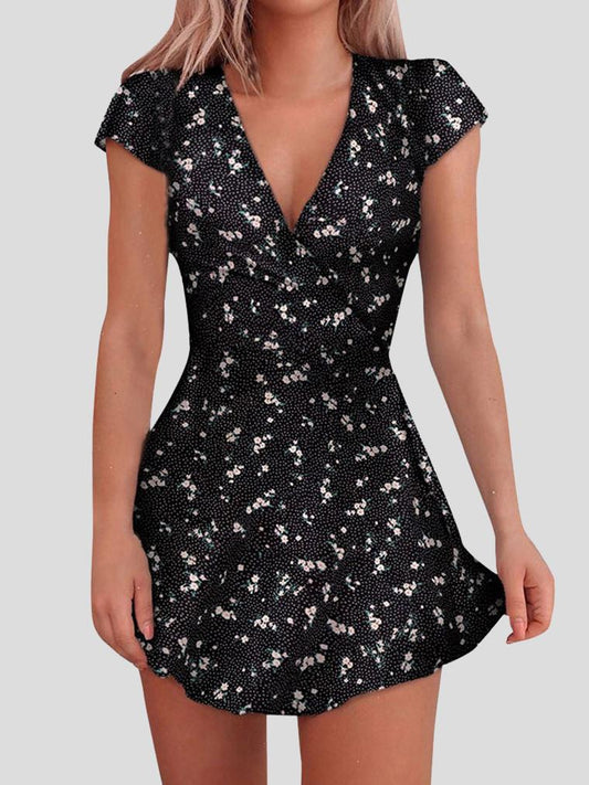 V-neck Floral Short Sleeve Mini Dress - Mini Dresses - INS | Online Fashion Free Shipping Clothing, Dresses, Tops, Shoes - 20-30 - 27/07/2021 - color-black