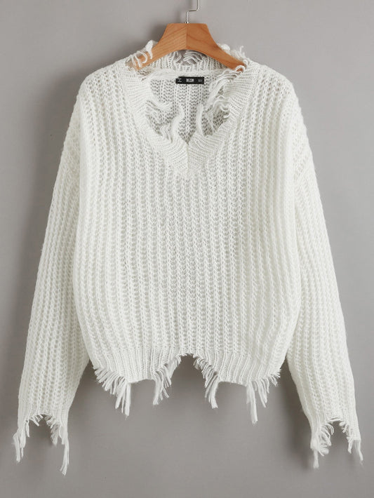 V Neck Frayed Edge Oversized Sweater - INS | Online Fashion Free Shipping Clothing, Dresses, Tops, Shoes