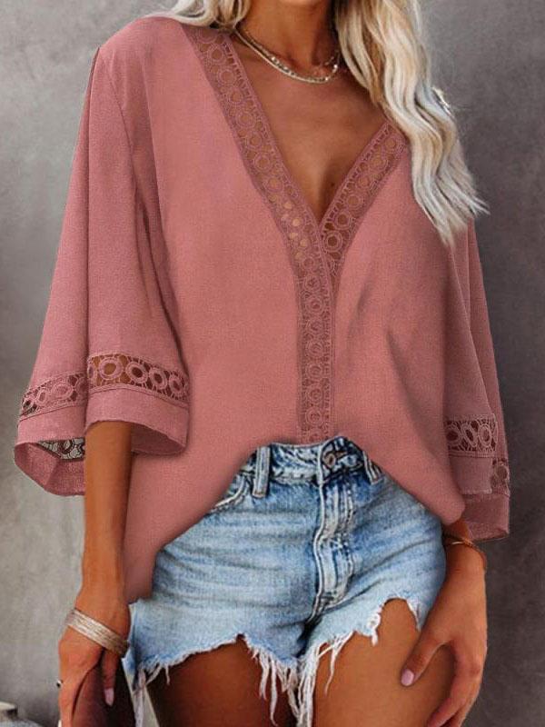 V-neck Hollow Mid-sleeve Lace Shirt - Blouses - INS | Online Fashion Free Shipping Clothing, Dresses, Tops, Shoes - 20-30 - 22/07/2021 - BLO2107221242