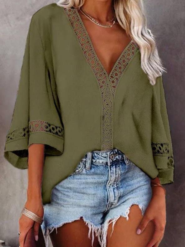 V-neck Hollow Mid-sleeve Lace Shirt - Blouses - INS | Online Fashion Free Shipping Clothing, Dresses, Tops, Shoes - 20-30 - 22/07/2021 - BLO2107221242