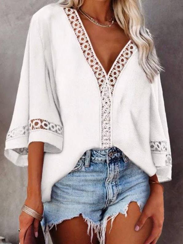 V-neck Hollow Mid-sleeve Lace Shirt - Blouses - INS | Online Fashion Free Shipping Clothing, Dresses, Tops, Shoes - 20-30 - 22/07/2021 - BLO2107221242