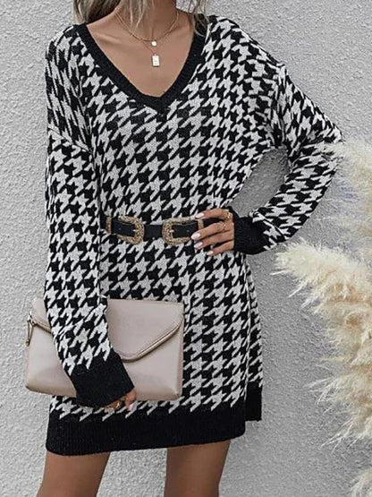 V Neck Houndstooth Jumper Dress - Dresses - INS | Online Fashion Free Shipping Clothing, Dresses, Tops, Shoes - 02/08/2021 - Autumn - Black