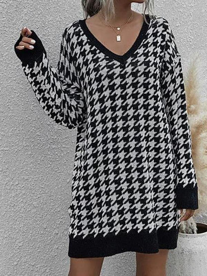 V Neck Houndstooth Jumper Dress - Dresses - INS | Online Fashion Free Shipping Clothing, Dresses, Tops, Shoes - 02/08/2021 - Autumn - Black